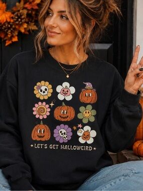 Lets Get Halloweird Black Halloween Pumpkin Graphic Sweatshirt